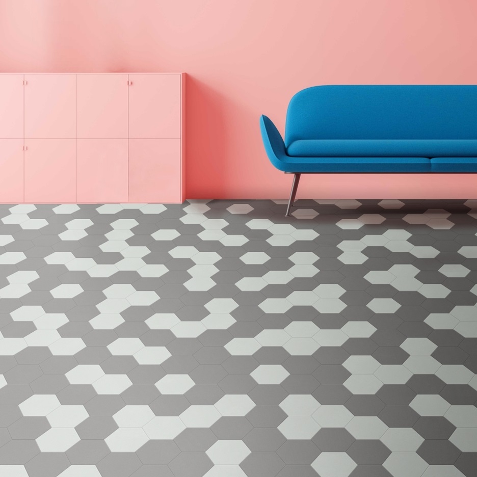  Interior Pictures de Gris, Bleu / vert Hexagon 339 de la collection Moduleo Moods | Moduleo